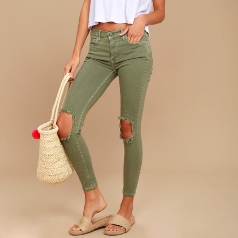 Free People Rip Knee Olive Green Skinny Jeans (Size 27)